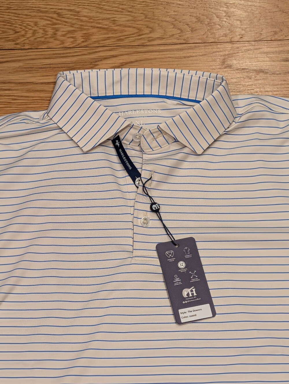 Harlestons The Dewees Men's XL Performance Golf Polo Sand Blue Stripe NWT